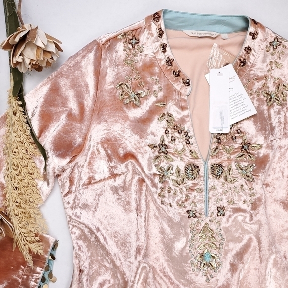 New Soft Surroundings Peach Viscose Blend Velour Boho Dedazzled Camisole Sz S - Picture 12 of 16